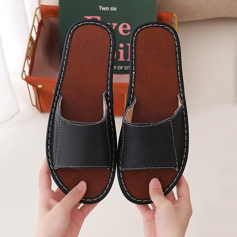 Модные женские кожаные тапочки в стиле ретро с мягкой подошвой и противоскользящим покрытием