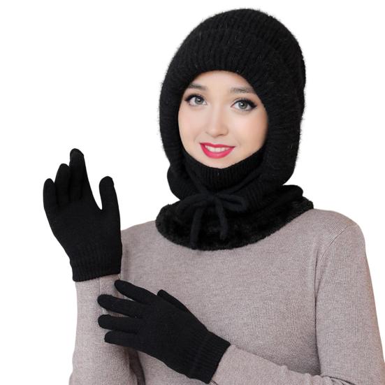 2Pcs/Set Women Hat Gloves Set Solid Color Plush Lining Knitting Beanie Hat with