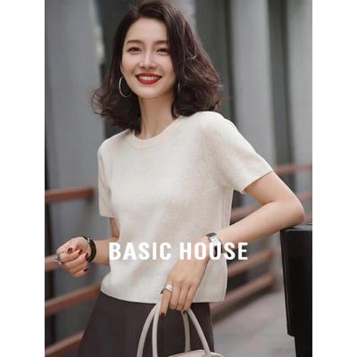 Базовый женский вязаный топ Basic House из смесовой льняной ткани, с круглым вырезом и коротким рукавом