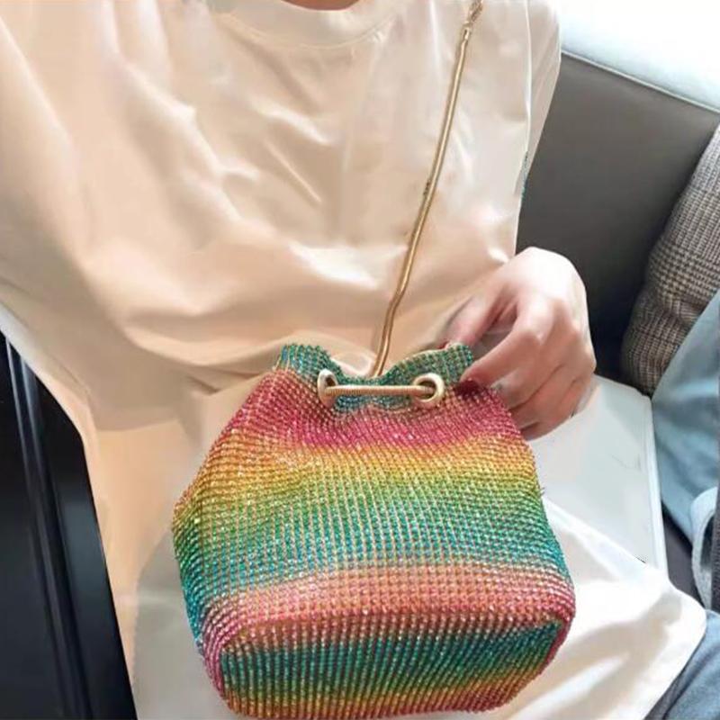 Yogodlns Женские модные сумки-ведра со стразами и бриллиантами, женские сумки на плечо с цепочкой в ​​стиле ретро, ​​блестящие маленькие сумки через плечо, женские сумки