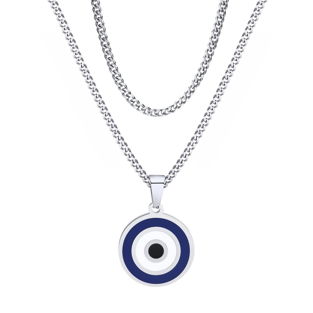 Vnox Turkish Lucky Double Layer Evil Eyes Pendant Necklace for Men, Stacked Blue Eye Necklace Set Jewelry Gift