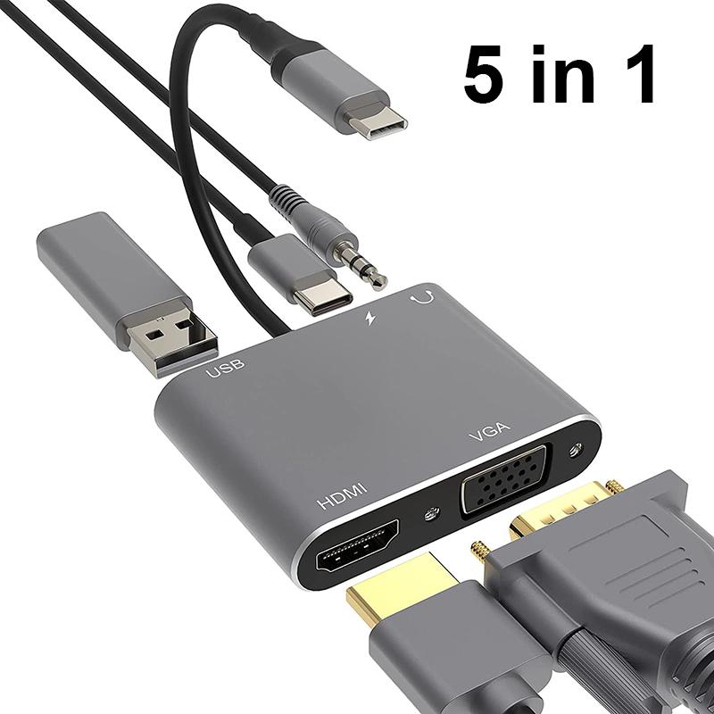 USB C Hub 4 in 1 / 5 in 1 Type C 3.0 Adapter to 4K Compatible-HDMI VGA USB 3.0 PD Fast Charge Splitter Extend Adapter for Laptop