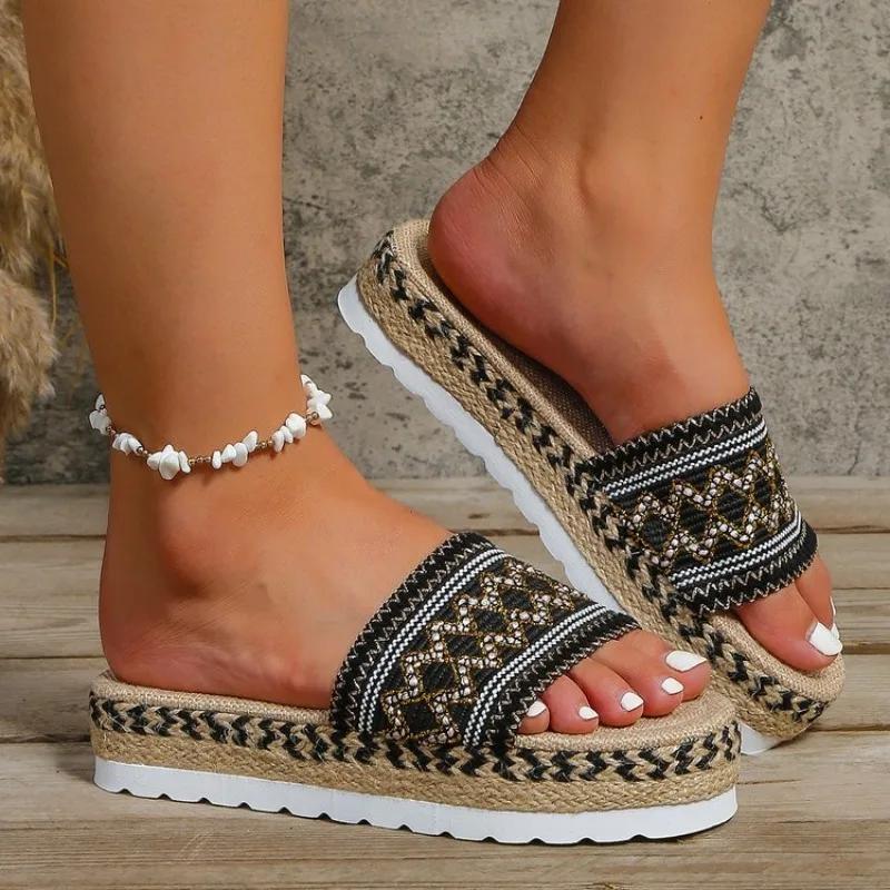 2024 Летние женские тапочки, уличные сандалии, богемный этнический стиль, эспадрильи ручной работы, тапочки на платформе, шлепанцы, женская обувь