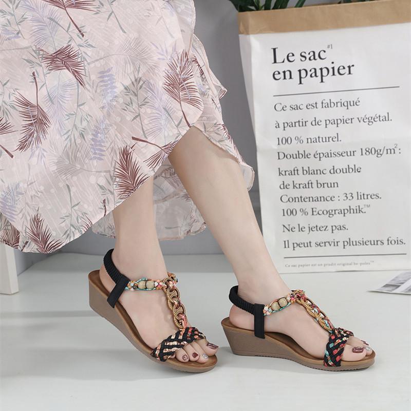 Fashion Brand Casual Summer Fashion Small Wedge Lightweight Sandals Women Elastic Band Beaded Jewel Petal Shoes Rome Ankle T-strap