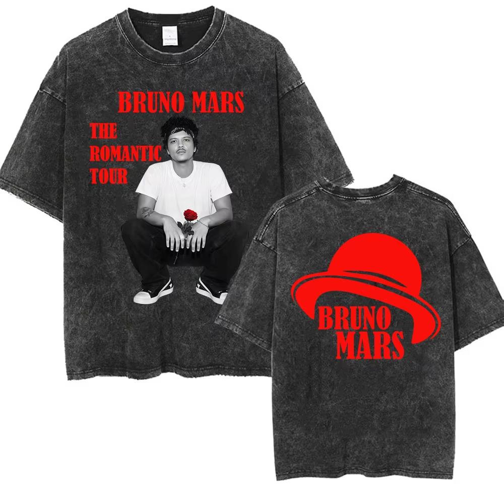 Bruno Mars The Romantic Tour 2026 Vintage Washed T Shirt Men Women Fashion Hip Hop Pop Music T-shirt Summer Casual Cotton Tshirt