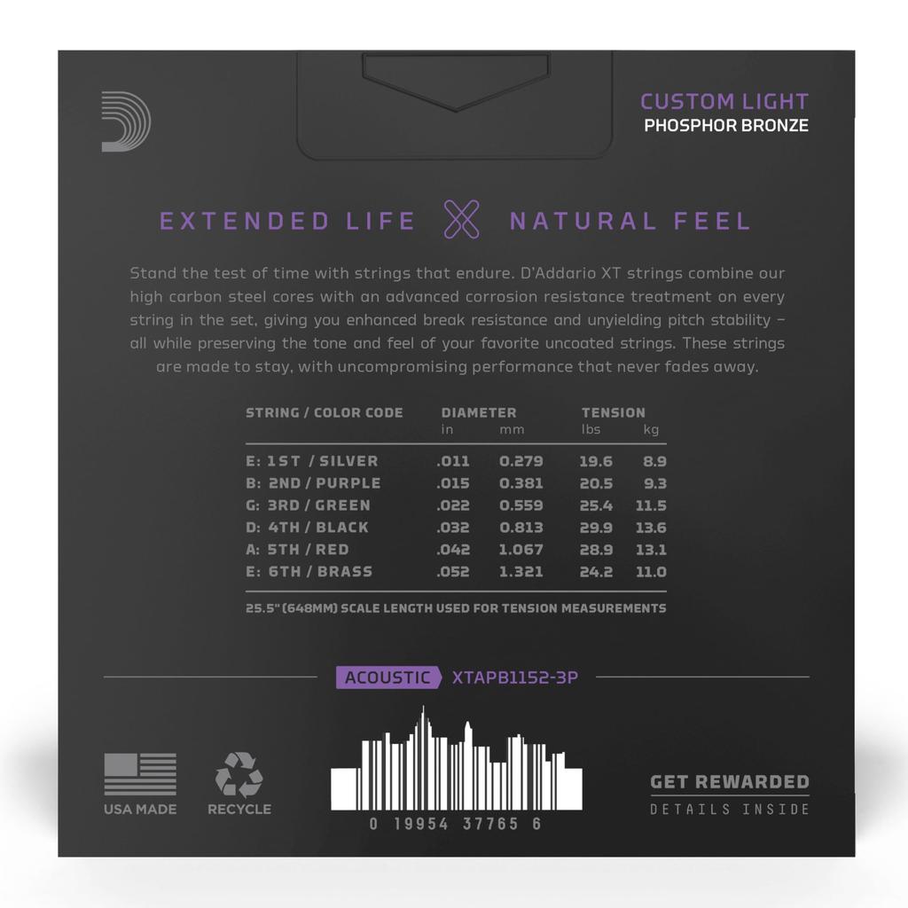 XT Coated Acoustic Guitar Phosphor Bronze Custom D'Addario Strings, Light, .011-.052, XTAPB1152-3P, 3-Pack