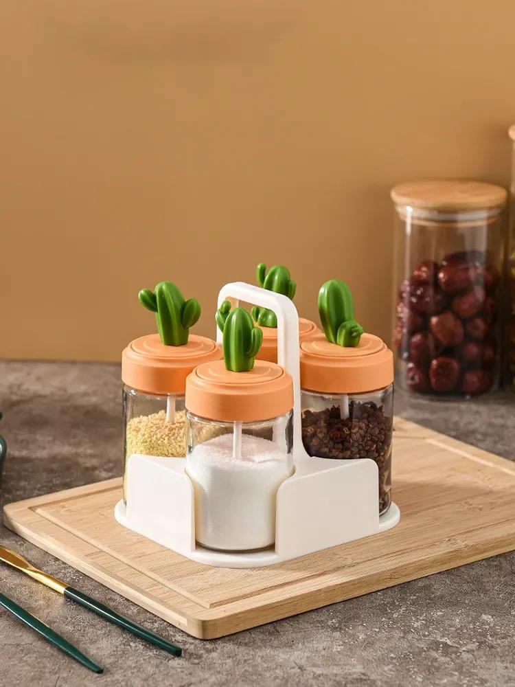 4 шт. стеклянных банок для приправ в виде кактуса, горшочек для приправ с ложкой, банки для специй, контейнеры для сахара, соли, перца, кухонные канистры, горшки