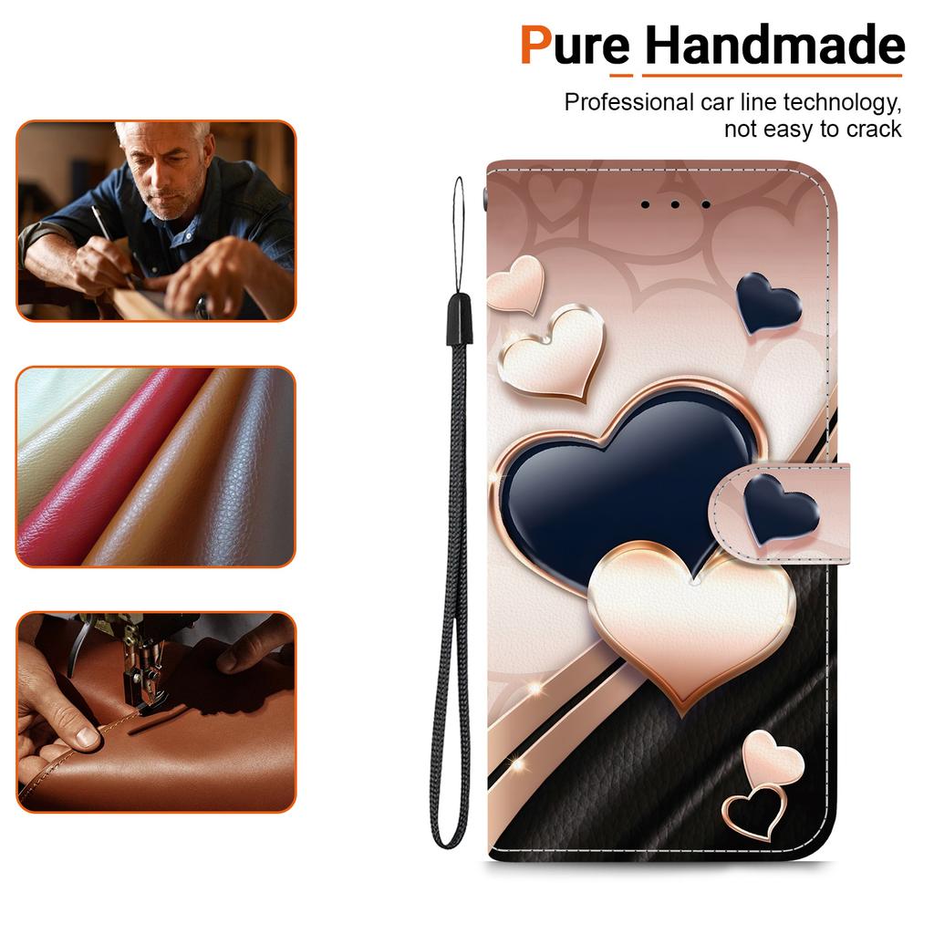 Handmade PU Leather Flip Case for Xiaomi 14T / Xiaomi 14T Pro Anti-Slip Shockproof Cover with Wrist Strap & Heart/Rose Cat Designs