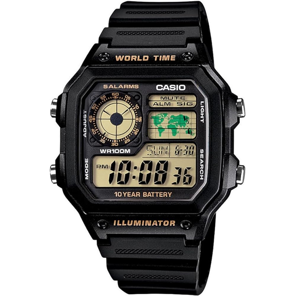 Часы Casio World Time AE-1200WH-1BV с цифровым дисплеем, черные с золотым покрытием, ЖК-экран, мужские наручные часы
