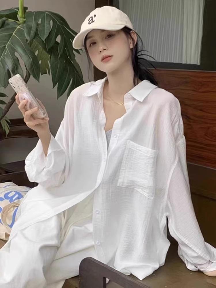 Женская свободная летняя рубашка-кардиган из хлопка и льна с защитой от солнца - Белая, с длинным рукавом