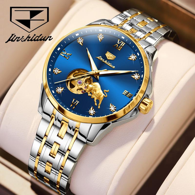 JINSHIDUN Новые мужские часы для бизнеса и отдыха, полностью автоматические механические часы, высококачественные часы с трубчатым маховиком