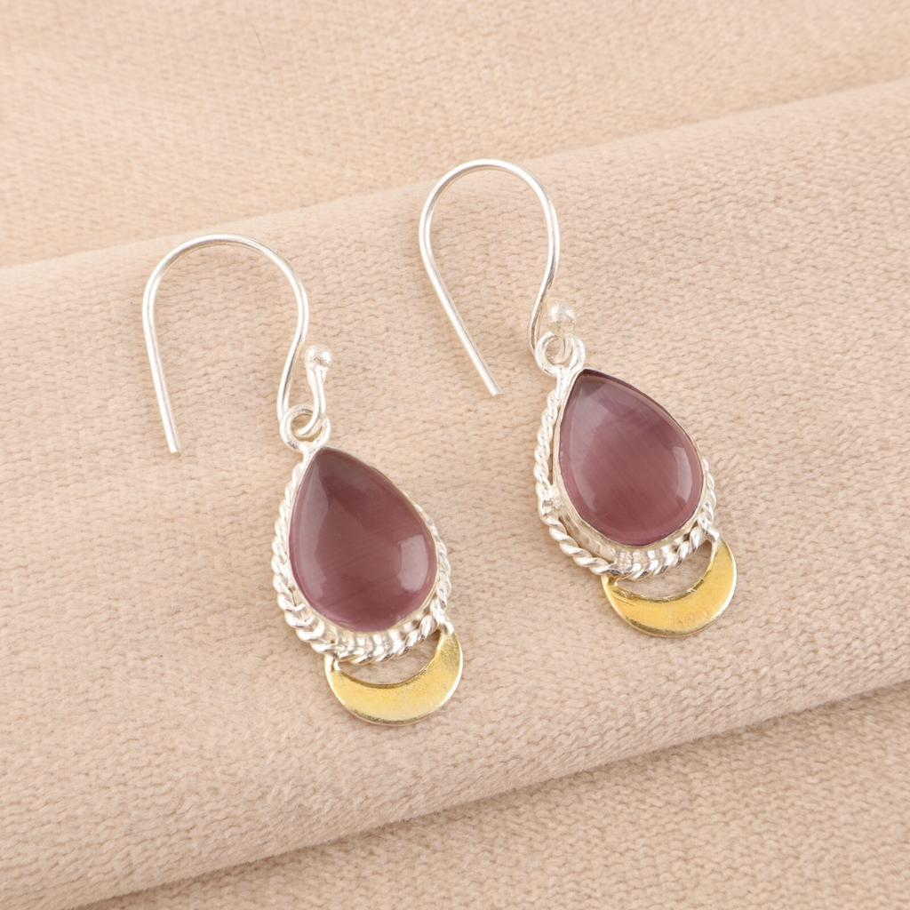 Фиолетовый камень Кошачий глаз Ювелирные изделия из стерлингового серебра 925 пробы Серьги ручной работы 1,5" EE-162-36