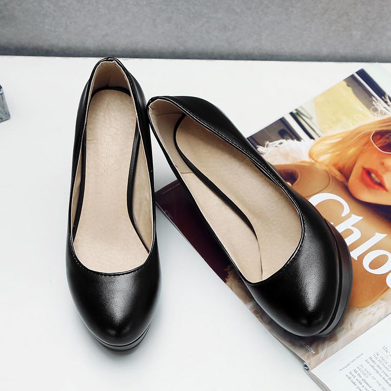 Q/Women's High Heeled Single Shoes with Simple Temperament, Solid Color Waterproof Platform, Shallow Mouth, Thick Heel, Large Size, Low Top Shoes