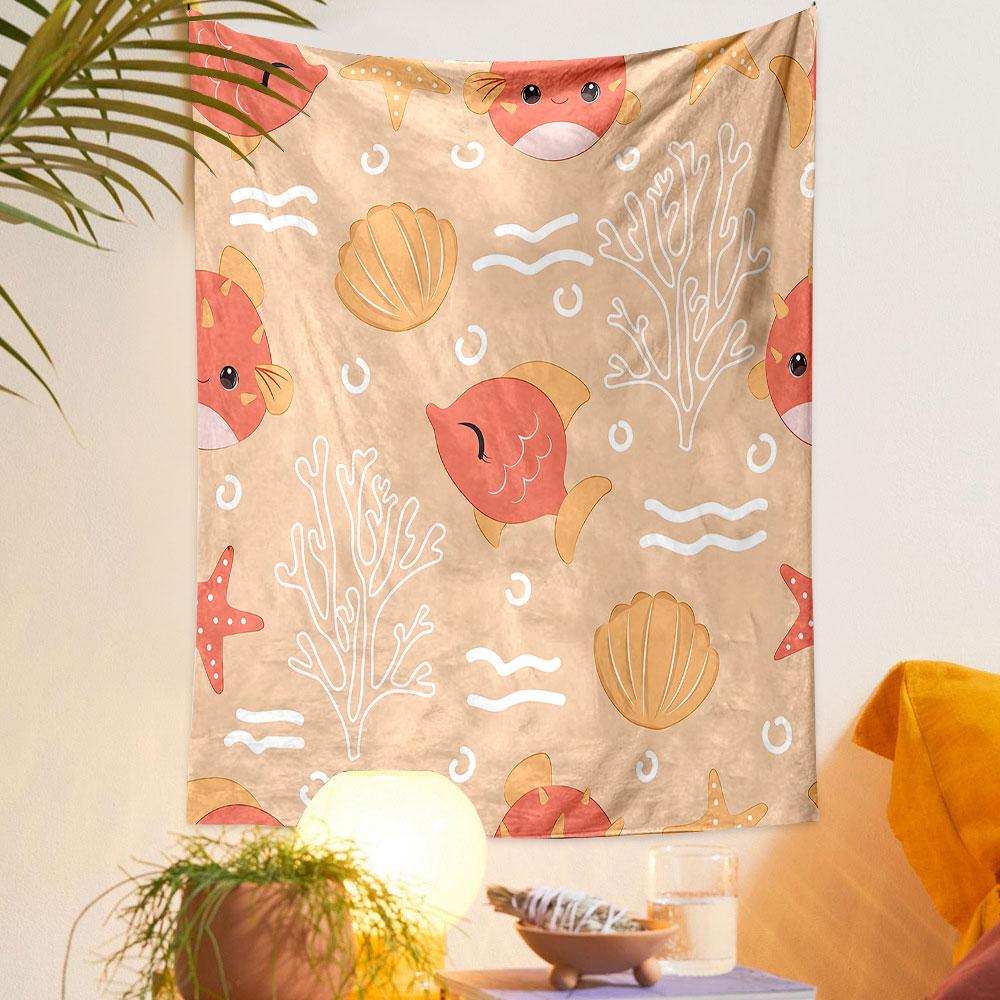 Cute Underwater Fish and Coral Pattern Patterned Tapestry Decorative Wall Hanging, Home Bedroom Living Room Decor