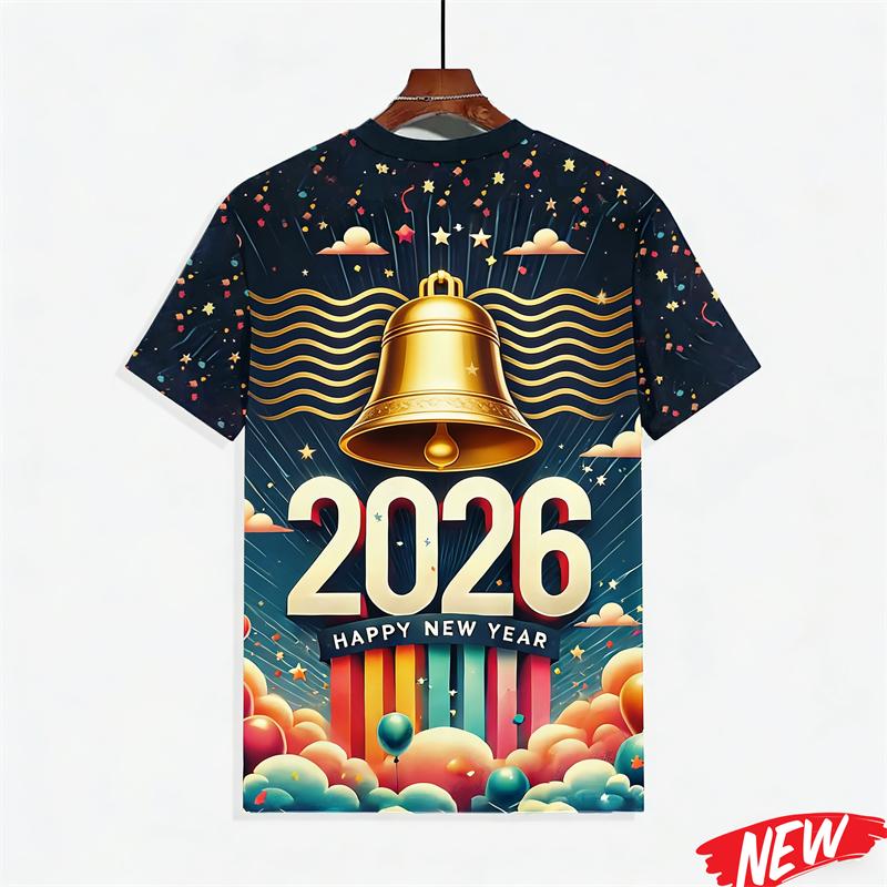 Men's T-shirt with colorful balloon and fireworks pattern, Happy 2026 New Year, short-sleeve holiday party family crew neck T-shirt