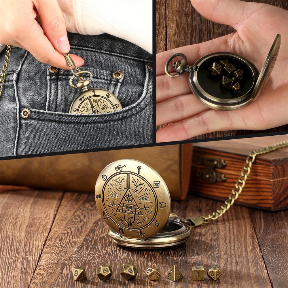 Vintage Bronze/Grey Black Pocket Watch Case with Mini Entertainment Dices Pocket Chain Birthday Gifts