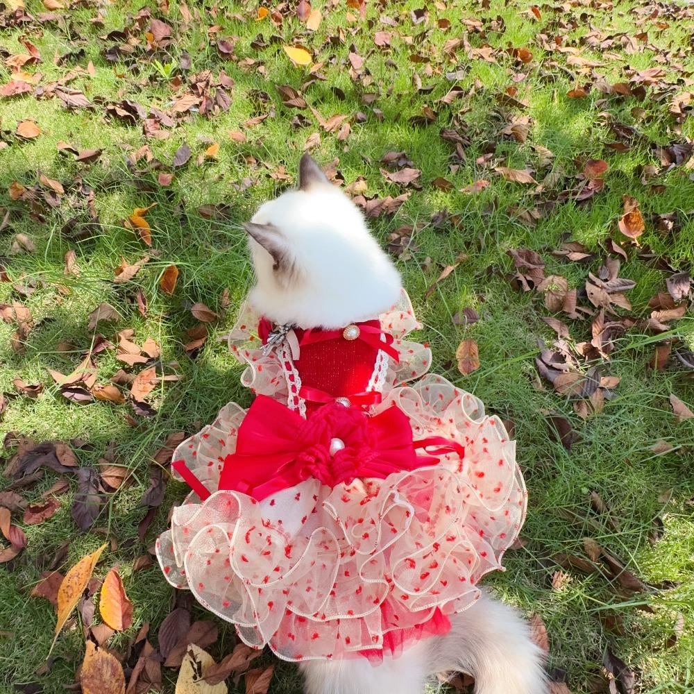 Luxury Dog Cake Puff Dress,Elegant Dot Dresses for Dogs,Detachable Long Tailing Design,Handmade Puppy Outfit-Flamingo Red Color