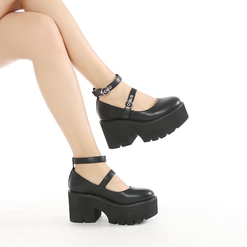 Round Toe Chunky Goth Platform Women Shoes Trendy Ankle Strap Mary Janes Pumps Suare Heels Lolita Style College Student