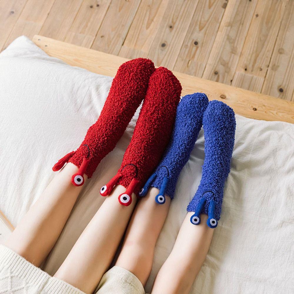 Cartoon Funny Tube Socks 3D Eyes Furry Plush Sock Kawaii Coral Fleece Socks  Girls
