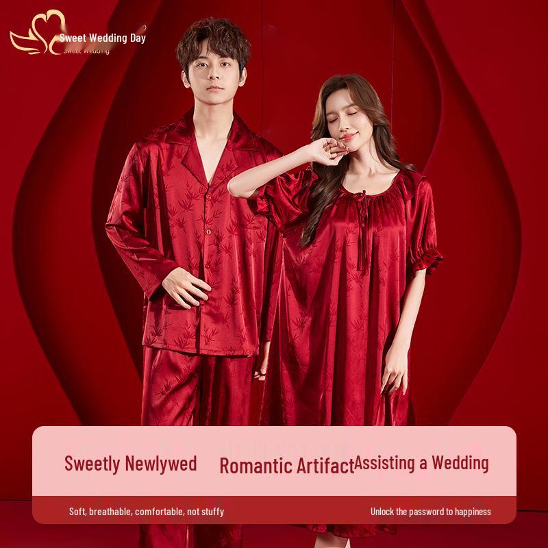 Predestined Match: Bamboo Leaf Jacquard Ice Silk Pajama Set In Festive Red - Autumn/Winter Collection