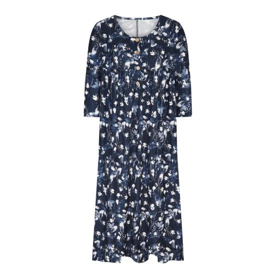 Summer Women Dress A-line Loose Hem Pleated O Neck Button Short Sleeve Loose Side Pockets Retro Floral Print Mid-calf Length Commute Beach Midi Dress