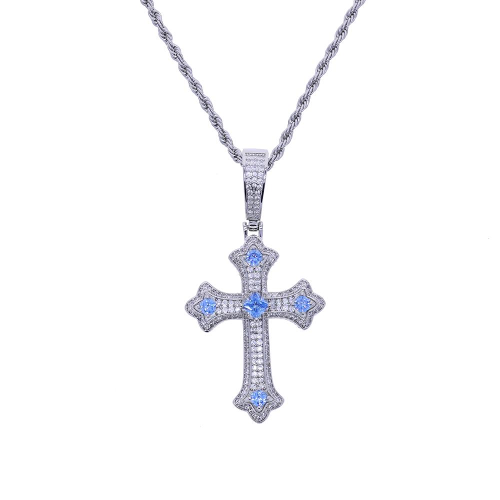 Fashion Design Two Tone Cross Pendant Men Hip Hop Necklace Full Paved Iced Out Cubic Zirconia Geometric Pink Blue Purple Cross