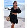 Women Sweet Crochet Lace Puff Sleeve Button Up Lace V-neck Party Dress White Elegant Beach Mini Dress