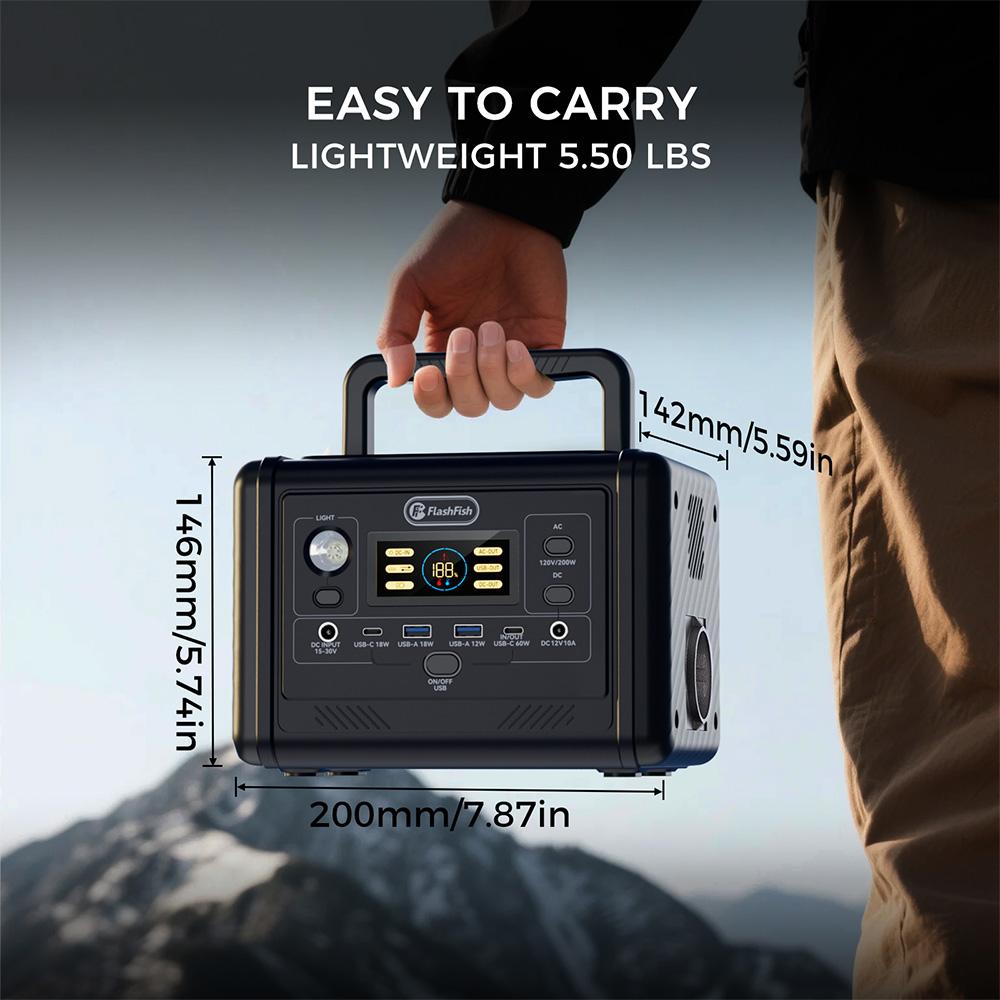 Flashfish T200 200W Portable Power Station, 153.6Wh LiFePO4 Battery, 400W Surge, Pure Sine Wave AC, 60W PD USB-C Fast Recharge