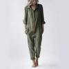Green Casual Cotton Long Sleeve Jumpsuit with Turn-Down Collar and Pocket