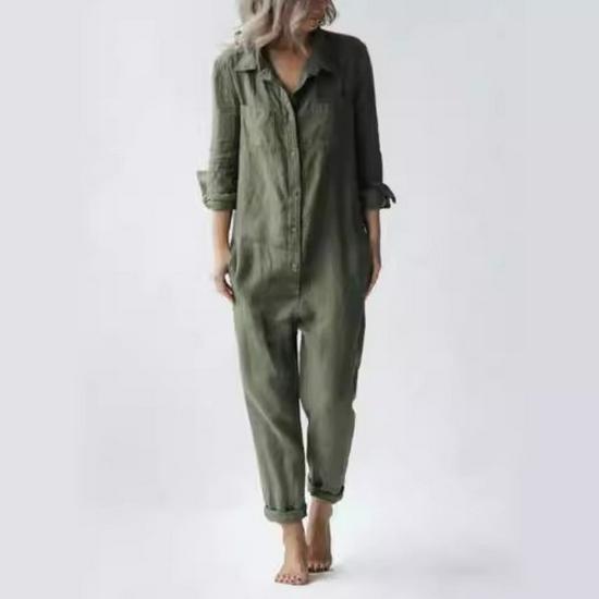 Green Casual Cotton Long Sleeve Jumpsuit with Turn-Down Collar and Pocket