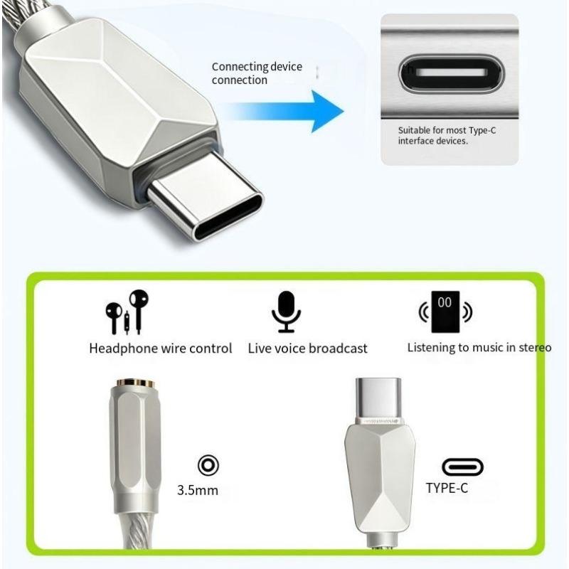Type-C Male To 3.5mm Female Audio Adapter Silver Plated Wire Core Digital Decoder Amplifier Cable Portable Sound Converter