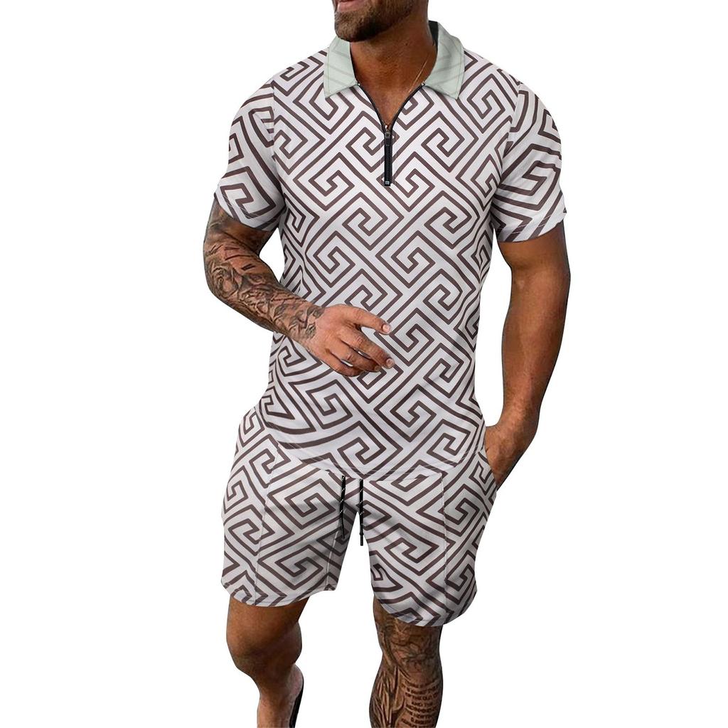 Мужской летний костюм с короткими рукавами и короткими шортами на молнии с принтом, мужской повседневный спортивный костюм