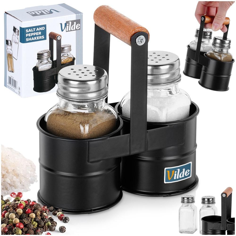 Salt and pepper shakers with stand, 3 pieces.