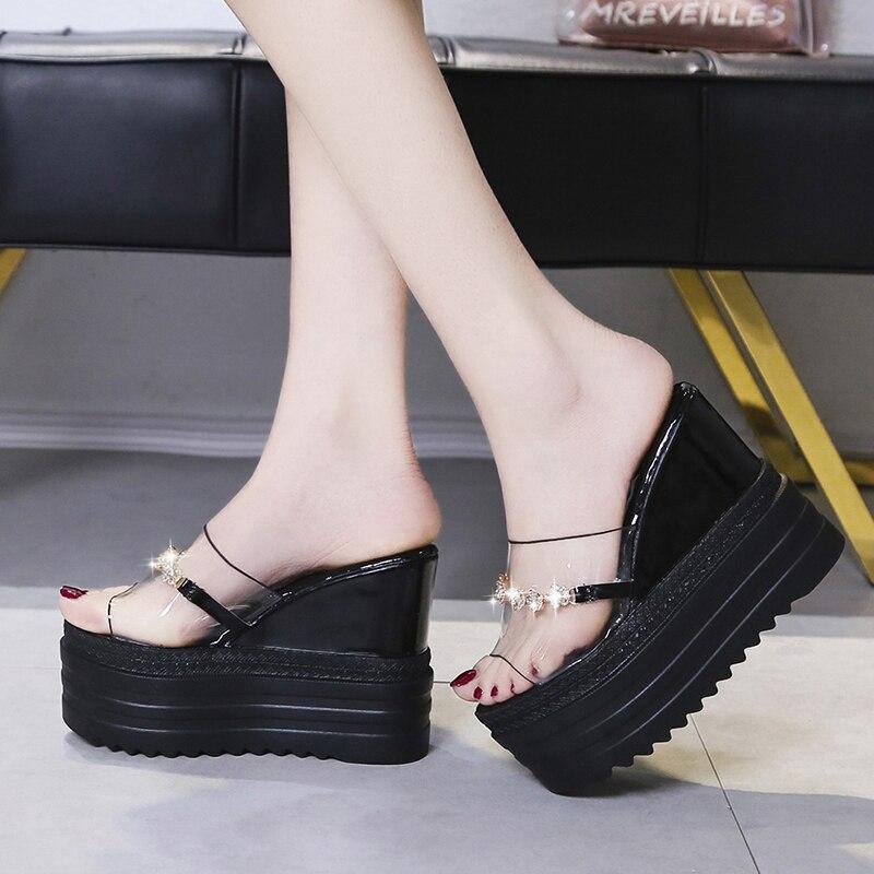 White Slipper Women Summer Fashion Platform Sequined Slippers Slope Heel Women Shoes Rhinestone Transparent Wedges Slides
