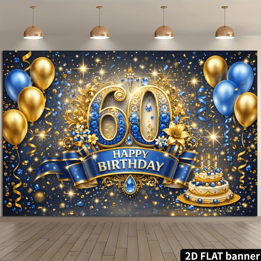 Двусторонний баннер-фон для 60-летия, сине-золотая тематика, с шарами, тортом, фейерверками, прочный, не требует питания, для помещений_ Мульти