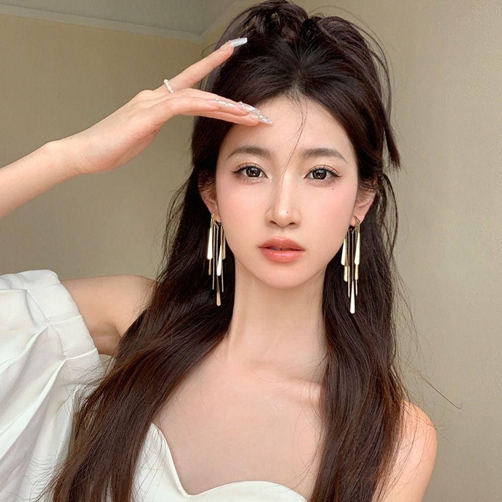 Bling Bling Metal Sequin Earrings Zinc Zinc Alloy Gold Earrings Temperament Long Tassel Dangle Earrings  Girl