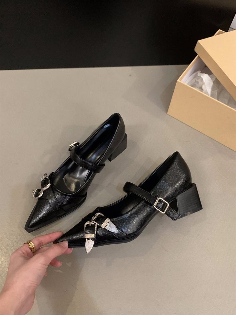Fashion French Temperament Pointy High Heels Black Single Shoe Women's Shoes New Spring Summer Mary Jane Small Leather Shoes