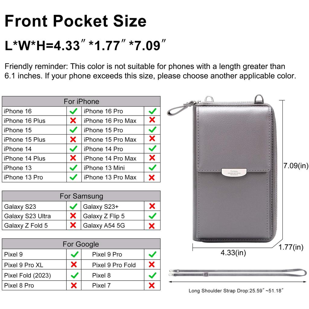 KUKOO Маленькая сумка кроссбоди Кошелек для мобильного телефона со слотом для кредитной карты на молнии Улучшенная женская, A-Серый вариант, один размер