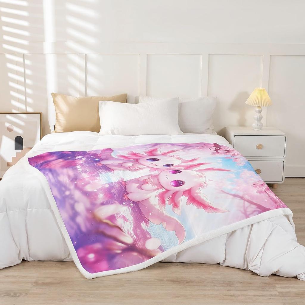 Cute Pink Axolotl Blanket Soft Fleece Throw Cherry Blossom Design Fantasy Art Kids Room Decor