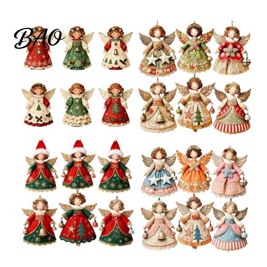 Wooden Angel Ornaments 6Pcs Vintage Ornaments, Christmas Hanging Decor Set Interior Door Frame Decorations with Jute String, Rustic Tree Pendant