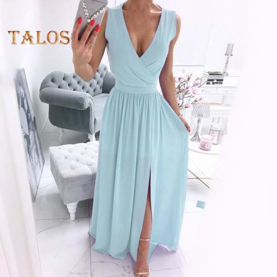 Женское вечернее платье с V-образным вырезом без рукавов, плиссированное подол с разрезом, тонкая талия, длина до пола, сплошной цвет, свадебное коктейльное платье для выпускного вечера, макси-платье