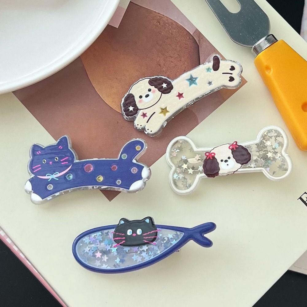 Sweet Cartoon Hair Clip Dog Bone Cat Small Fish Pentagram Glitter Hairpins For Women Girls