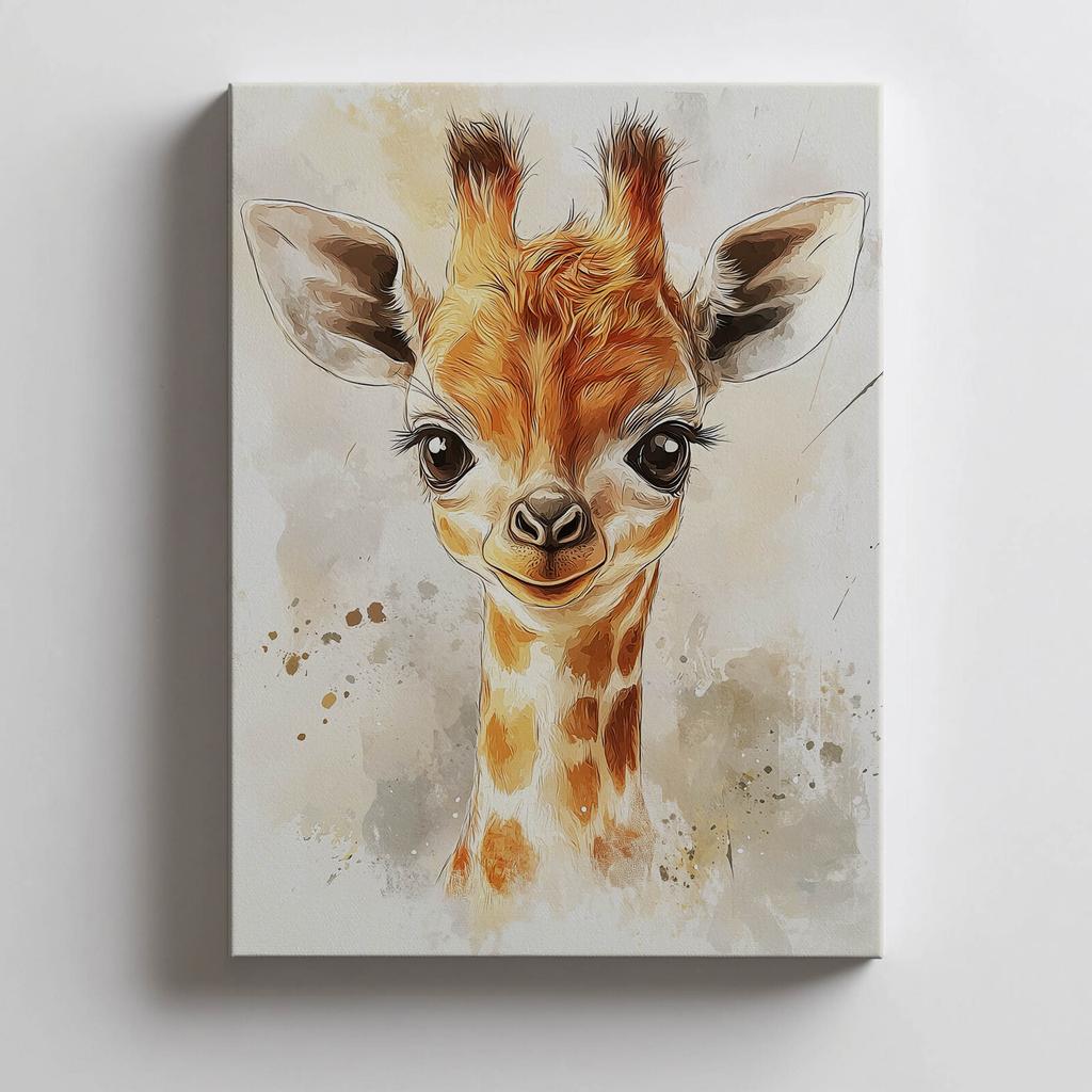 Urocza Twarz Małej Żyrafy Urocza Twarz Małej Żyrafy, 50X70 Cm, Rama Drewniana Jasny Dąb, Papier Matowy 230 Gsm