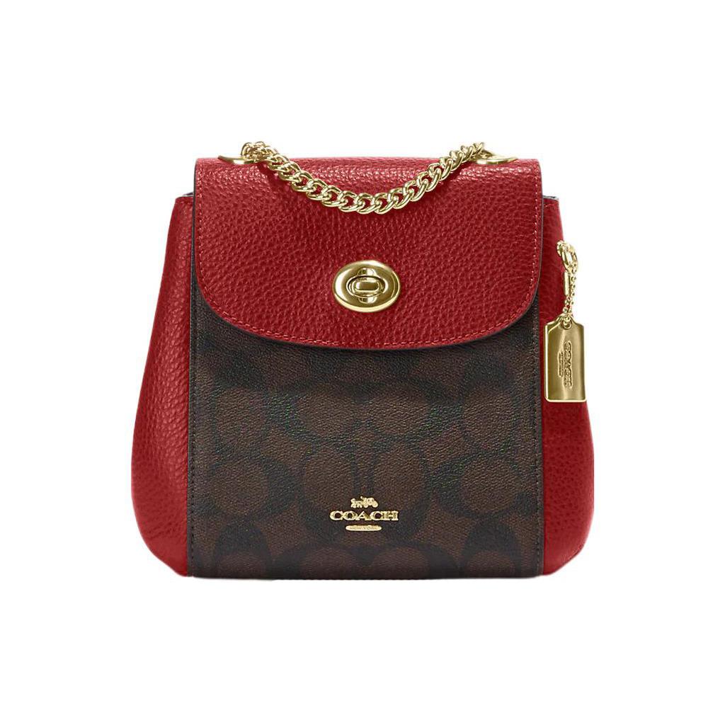 New COACH Convertible Coated Canvas With Pebbled Leather Backpack Small Size Women's Brown & Red C5678-IMRVQ