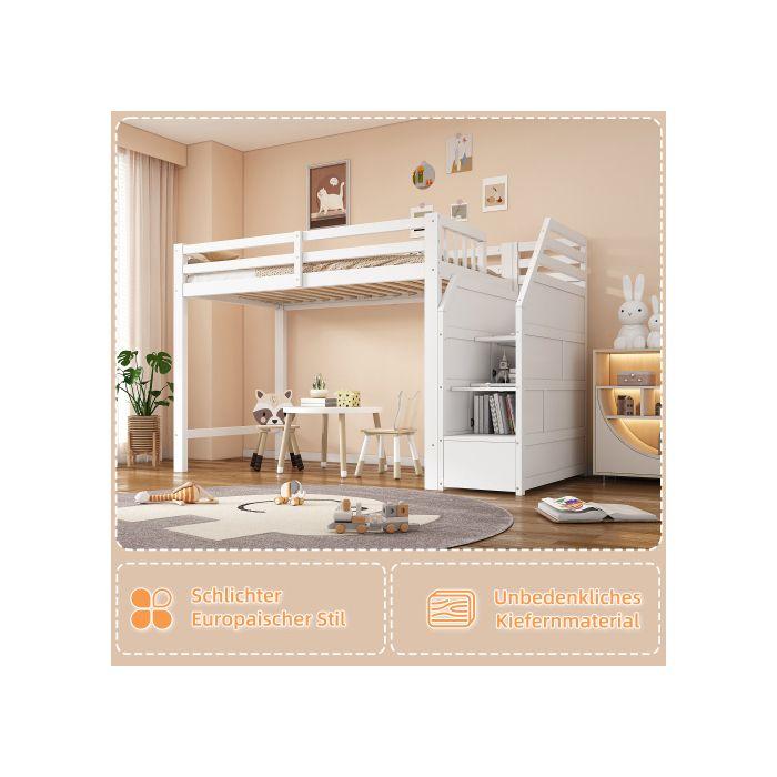 Lit mezzanine - MUVOE - 90x200 cm - Bois massif - Échelle de rangement - Garde-corps sécurisé