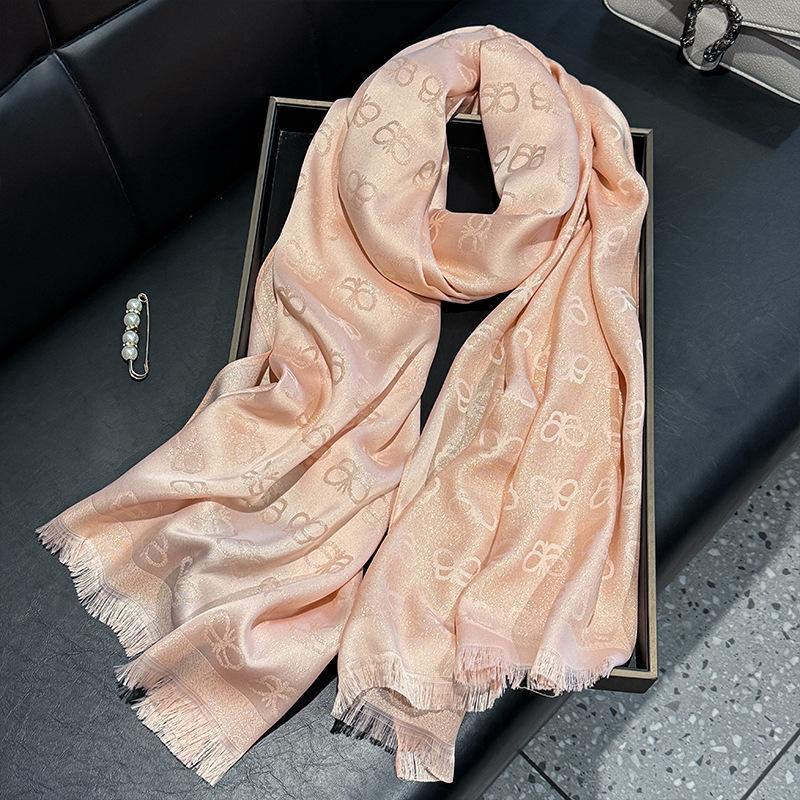 New Imitation Silk Fashionable Elegant High-end Long Silk Scarf Short Beard Shawl Long Scarf Tensile Cotton Gold Silk Scarf