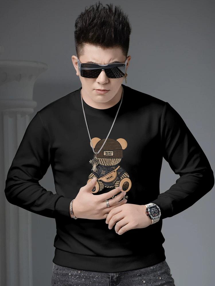 European Trendy Bear Embroidery Crew Neck Sweatshirt for Men 2025 New Autumn Long-Sleeve Pullover Top