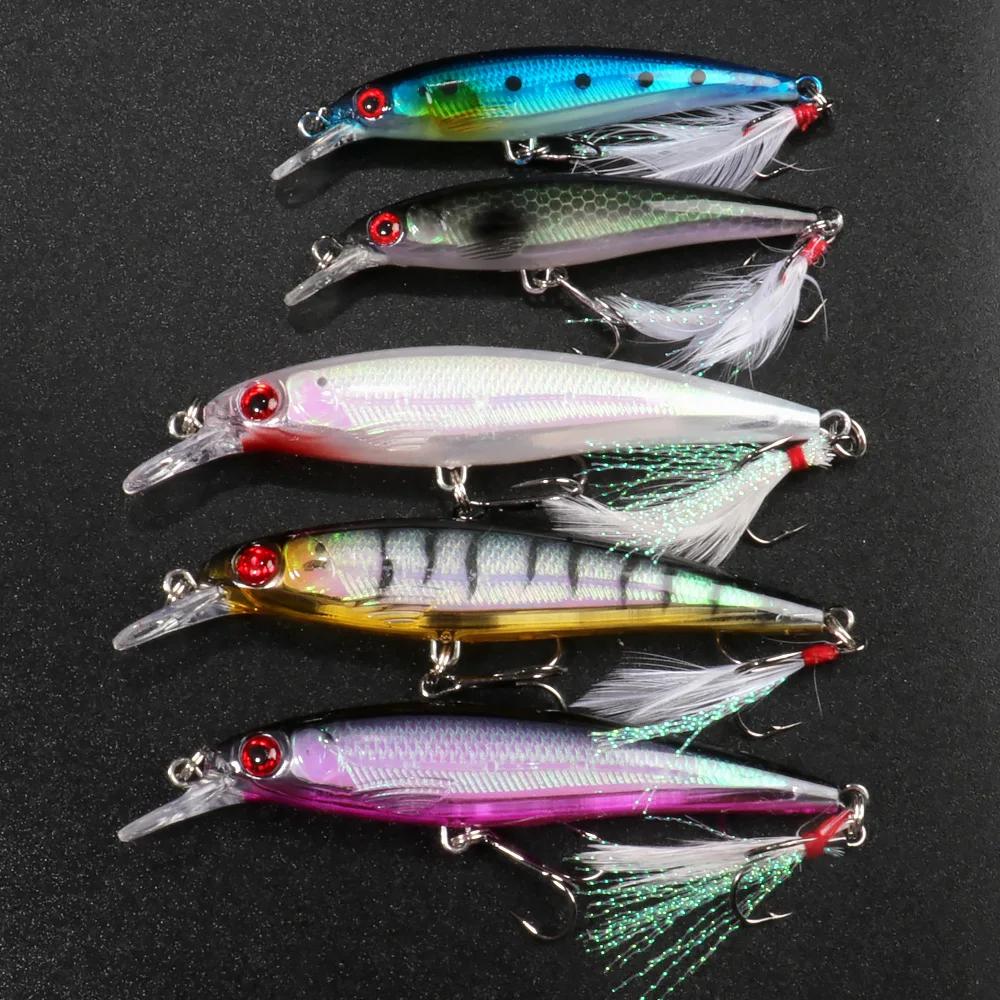 5pcs Lure Kit Floating Minnow 8g 13.6g Artificial Bait Feather Hook Wobbler Fishing Tackle Box Gear Crankbait Pesca Jerkbait