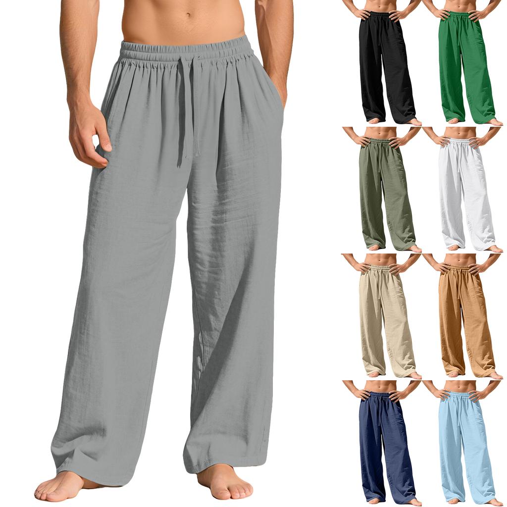 Men's Linen Loose-fitting Casual Sports Pants With Pockets And Drawstring, Solid Color