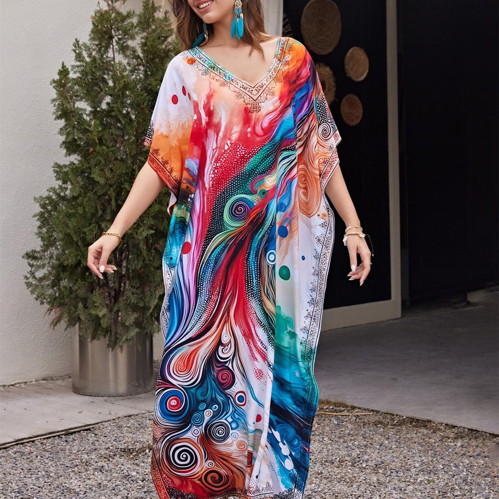 YYFS Женская мода отпуск лето весна абстрактный узор принт рукава 1/2 с v-образным вырезом повседневные платья
